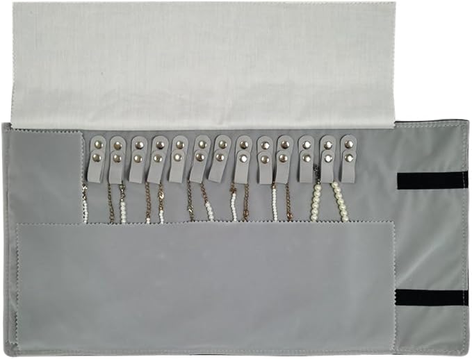 Velet Travel Jewelry Case Roll Bag Organizer for Necklace Bracelet Black Gray Velvet (Black Gray)