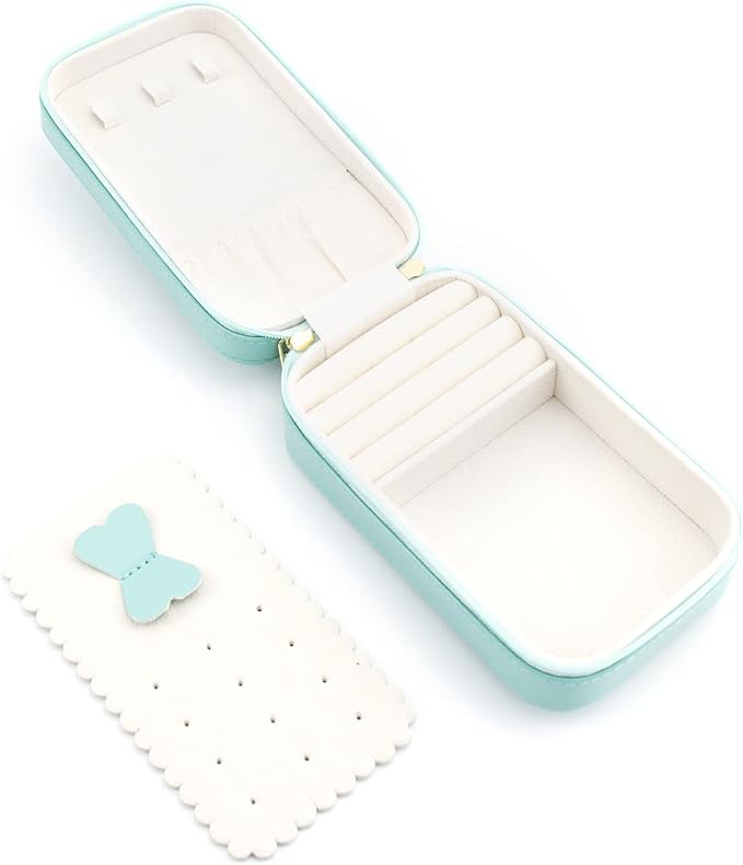 Small Travel Jewelry Organizers Box for women with PU Leather Portable Mini Jewelry Case with compartments for Necklace Rings Earrings,Luxury Giftable boxes. (Lake Blue, M)