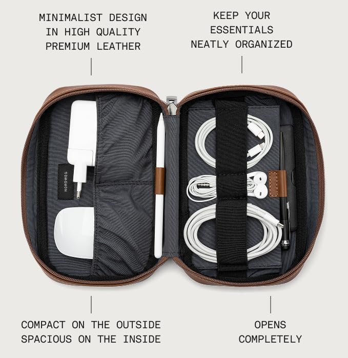 Nordweg Leather Tech Organizer NWA05 – Handcrafted Full-Grain Travel Case for Cables, Chargers & Accessories – Premium Leather Pouch for Work, Travel – Ideal Gift for Men & Women - Caramel