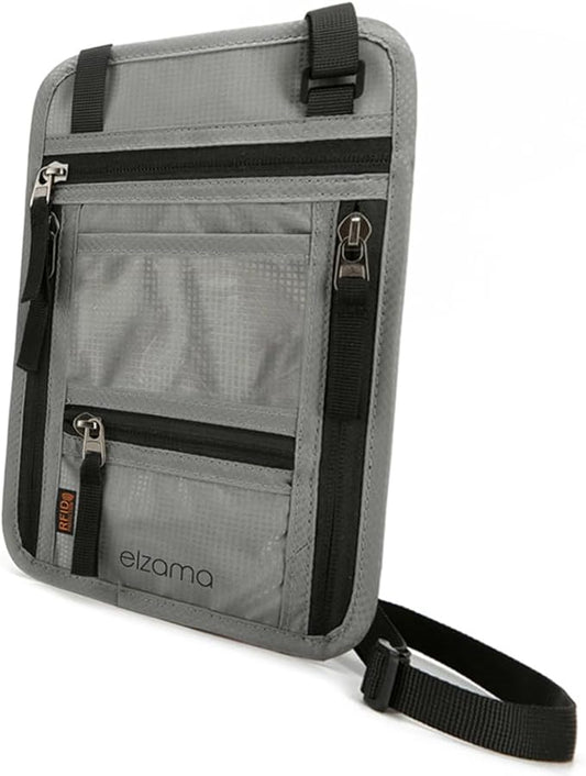 elzama Travel Wallet Passport Holder, RFID Neck Wallet for Traveling Men Women, Super Slim Lightweight Travel Pouch Document Holder Passport Wallet with Neck Strap, Light Grey