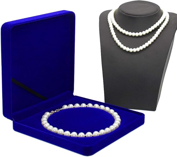 Jewelry Set Velvet Box Necklace Earring Ring Necklace Bracelet Gift Display Case Wedding Jewelry Storage Holder (Royal Blue for Pearl Necklace)