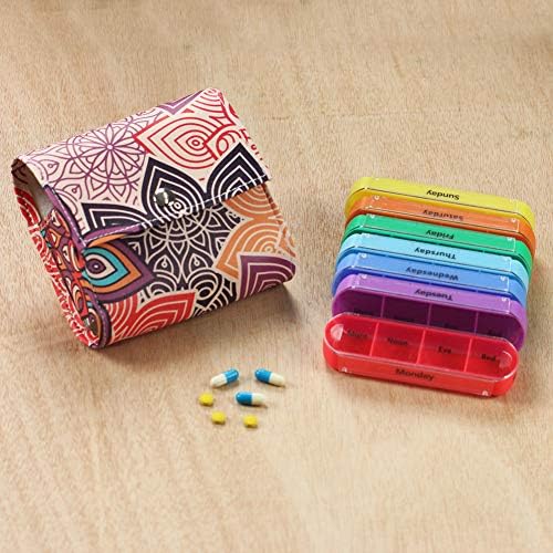 Pill Organizer,LIZIMANDU Weekly Travel Pill Case Box Medication Reminder Daily AM PM, Day Night 7 Compartments,for 4 Times A Day, 7 Days a Week-Includes Leather PU Carrying Case(Colorful Flower)