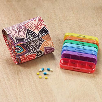 Pill Organizer,LIZIMANDU Weekly Travel Pill Case Box Medication Reminder Daily AM PM, Day Night 7 Compartments,for 4 Times A Day, 7 Days a Week-Includes Leather PU Carrying Case(Colorful Flower)