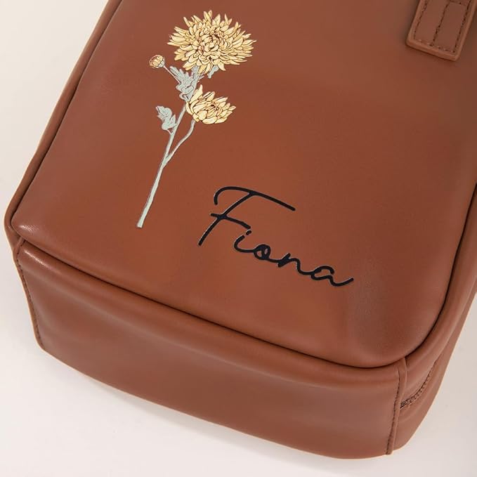 callie Personalized Makeup Bag - Custom Birth Flower & Name, Leather Cosmetics Organizer Travel Bag with Double Zippers & Handle, Birthday Mother's Day Gift for Women