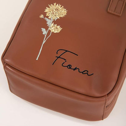 callie Personalized Makeup Bag - Custom Birth Flower & Name, Leather Cosmetics Organizer Travel Bag with Double Zippers & Handle, Birthday Mother's Day Gift for Women