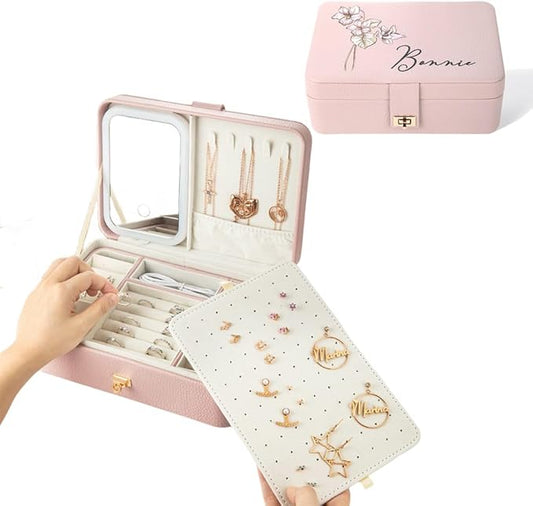 Custom 3-Layer Travel Jewelry Case Personalized Name Birth Flower Jewelry Organizer and Storage With 3 Colors LED Makeup Mirror Mother Jewelrys Box Gifts For Women Nana Size 9.25×6.3×3.54 INCH