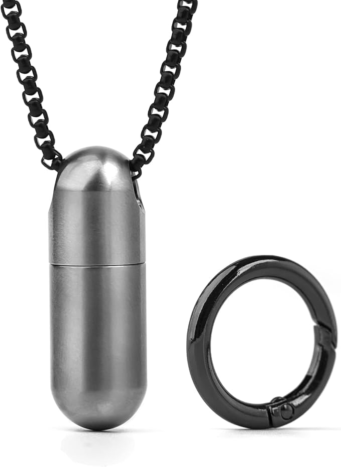 TISUR Titanium Pill Case with 28'' Necklace Chain,Micro Keychain Pill Holder.Waterproof Pill Fob for Emergency Aspirin & Nitroglycerin for Travel Purse Pocket