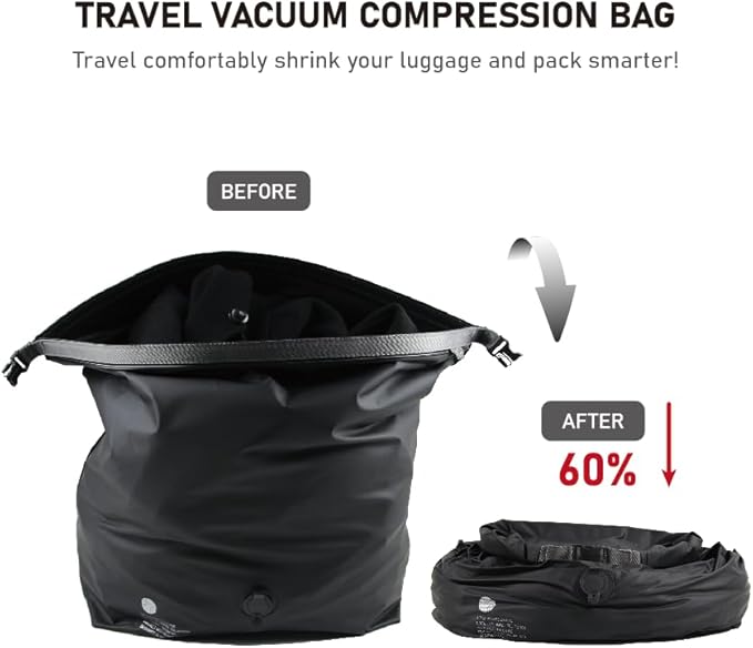 Vacuum Compression Bags for Travel, 40L Pump-Free Reusable Vacuum Bags, Waterproof Laundry Bag for Backpack and Suitcase, Space Saver Bags for Backpacking