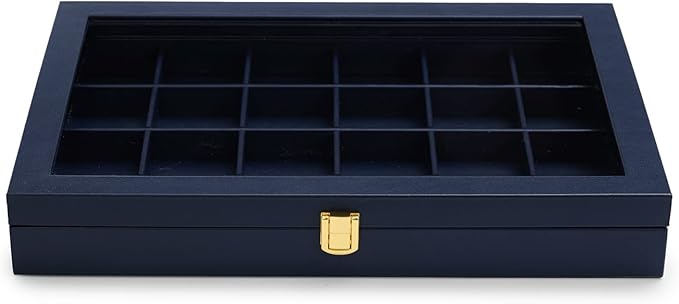 Oirlv Premium Blue Leather 24 Grid Jewelry Tray with Transparent Lid Earrings Rings Organizer Box Stackable Jewelry Box Drawer Inserts Women Gift