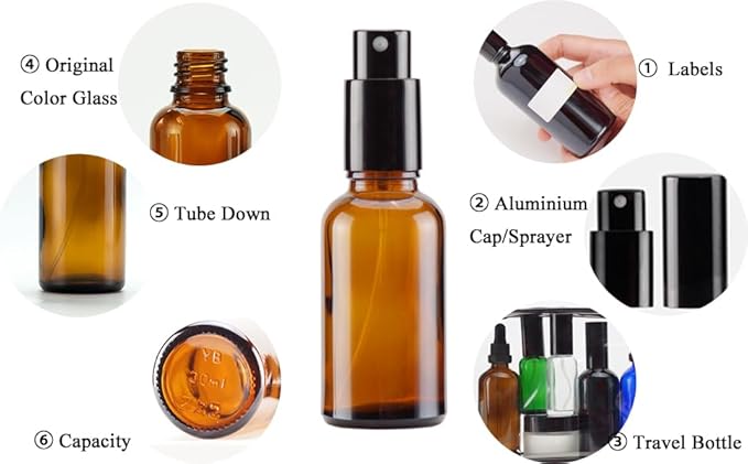 YIZHAO Amber Glass Spray Bottles 1oz, with Small Fine Mist Spray, Metal Cap, Refillable for Essential Oil,Travel,Cleaning,Perfume,Aromatherapy,Makeup – 12 Pcs