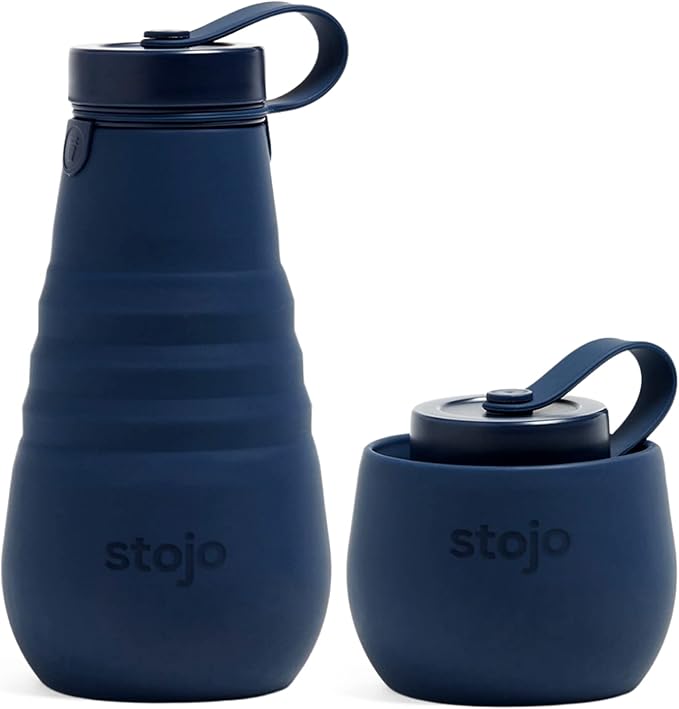 STOJO Collapsible Water Bottle – Denim Blue, 20oz / 592ml - Leak-Proof Reusable Silicone Travel Cup for Hot & Cold Drinks - Microwave & Dishwasher Safe