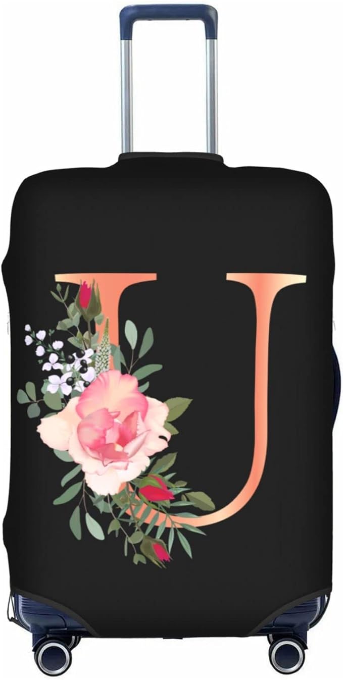 Floral Letter U Travel Luggage Cover Spandex Suitcase Protector Elastic Washable Stretch Suitcase Cover,Size L(Fit 25-28inch Suitcase)