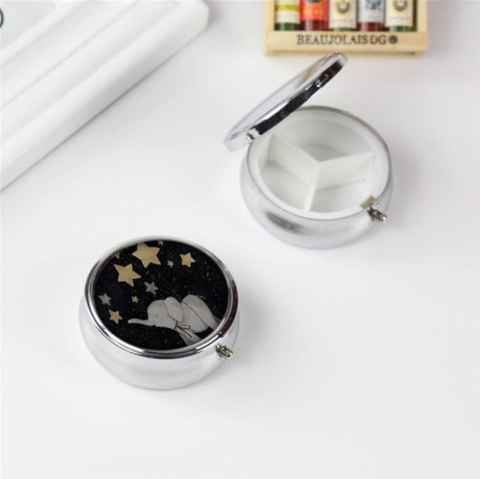 Pill Box,Cute Elephant Under The Star Round Pill Box 3 Compartment Decorative Pocket Purse Portable Mini Travel Medicine Tablet Vitamin Holder Organizer Pill Case