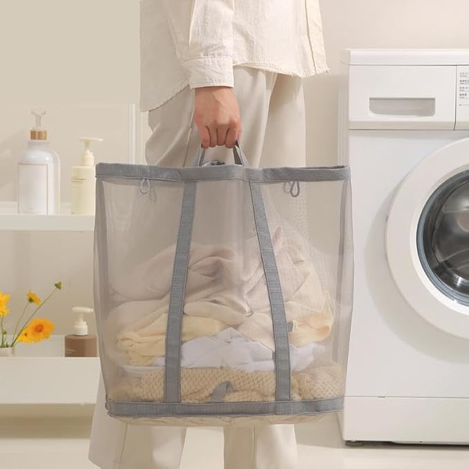 Mesh Bag with Handles, Collapsible Laundry Basket, Foldable Laundry Bag, Breathable Folding Beach Bag,Space-saving Travel Tote Bags (2, Grey)