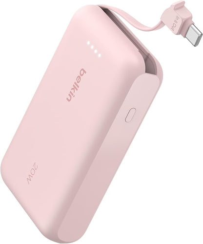 Belkin Portable Charger, Power Bank with Integrated Cable 10000 mAh 20W - Fast Charge USB C Power Delivery - iPhone 17, Air, Pro, Pro Max, iPad, AirPods, Apple Watch, Galaxy S25, & More - Pink