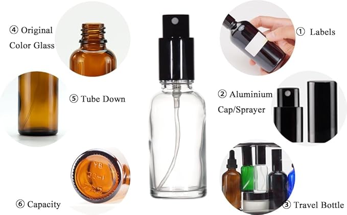 YIZHAO Clear Glass Spray Bottles 1oz, with Small Fine Mist Spray, Metal Cap, Refillable for Essential Oil,Travel,Cleaning,Perfume,Aromatherapy,Makeup – 6 Pcs