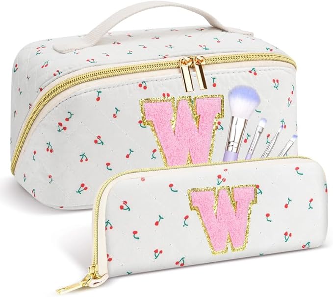 Personalized Travel Makeup Bag Set,Initial Travel Cute Cherry Makeup Organizer Bag,Toiletry Skincare Cosmetic Bag,Christmas Gifts for Women/Girls,Open Flat Toiletry Pouch with Brush Pocket-W