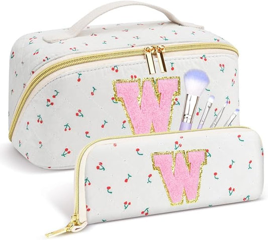 Personalized Travel Makeup Bag Set,Initial Travel Cute Cherry Makeup Organizer Bag,Toiletry Skincare Cosmetic Bag,Christmas Gifts for Women/Girls,Open Flat Toiletry Pouch with Brush Pocket-W