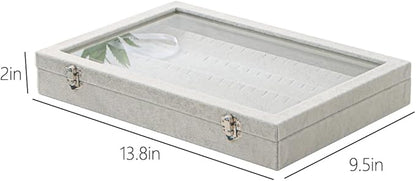 Coward Earring Organizer Tray Box, Grey Beige Velvet Earring Jewelry Display Storage Tray Case with Transparent Glass Lid for Home Drawer or Shop Selling