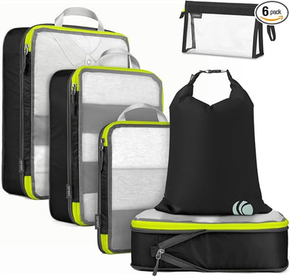 Cipway Compression Packing Cubes, See Through Mesh Luggage Organizer Bags, Travel Essentials for Carry on Suitcase with Laundry Bag and Clear Toiletries Bag（6Pcs,Black）