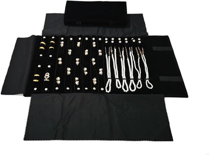 Velvet Travel Jewelry Case Roll Bag Organizer for Necklace Bracelet Earrings Ring (Black) (Black(2+6+6))