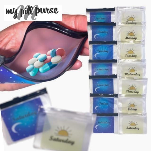 Day and Night Pill Organizer 14 Mini Pill Bags Color Coded, Pre-Labeled Days of The Week, Travel AM PM Pill Organizer 7 Day 2 Times A Day Small Med Wallet Recommend Two if Lots of Pills