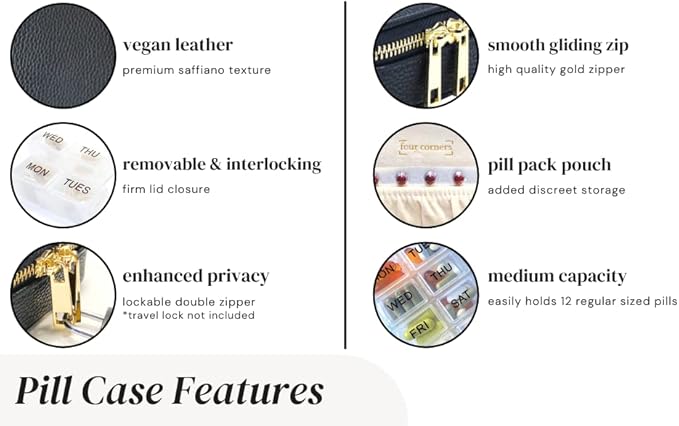 Weekly Pill Organizer 7 Day – Travel Pill Case for Vitamins & Medication, Premium Vegan Leather Pill Box with Removable Daily Compartments, Portable Supplement Organizer with Secure Zipper (Black)