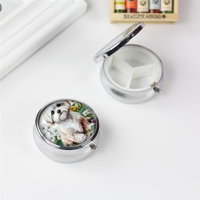 Pill Box,Flower Puppy Round Pill Box 3 Compartment Decorative Pocket Purse Portable Mini Travel Medicine Tablet Vitamin Holder Organizer Pill Case
