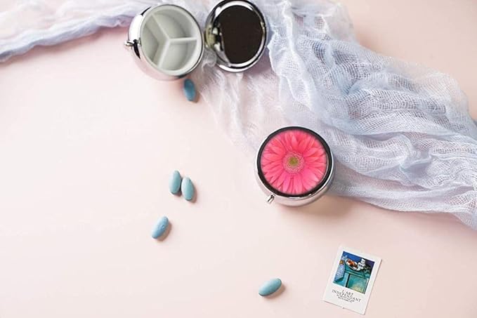 Pill Box,Bright Pink Gerbera Daisy Flower Round Pill Box 3 Compartment Decorative Pocket Purse Portable Mini Travel Medicine Tablet Vitamin Holder Organizer Pill Case