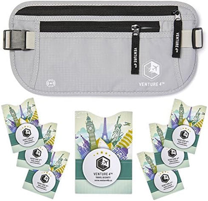 VENTURE 4TH Slim Minimalist Design RFID Money Belt with RFID Blocking Sleeves, for Men and Women – Ideal for Keeping Your Cash, Credit Card, Passport, Phone Secure When Traveling - Silver