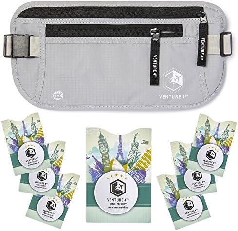 VENTURE 4TH Slim Minimalist Design RFID Money Belt with RFID Blocking Sleeves, for Men and Women – Ideal for Keeping Your Cash, Credit Card, Passport, Phone Secure When Traveling - Silver