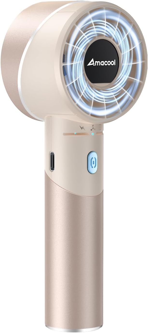 AMACOOL Mini Handheld Turbo Fan, 17Hrs Runtime, 4 Speeds, Cool Metal Body, Rechargeable Personal Hand Fan, Travel Essentials, Portable Pocket Fans for Girl Woman Man Makeup Camping-Beige
