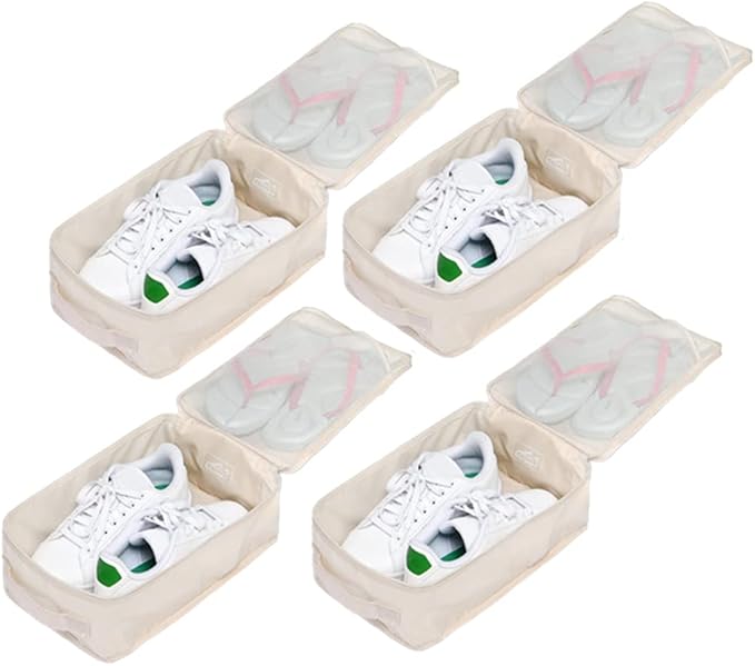 Travel Shoe Bags, Foldable Waterproof Shoe Pouches Organizer-Double Layer (4 Cream Shoe Bag)