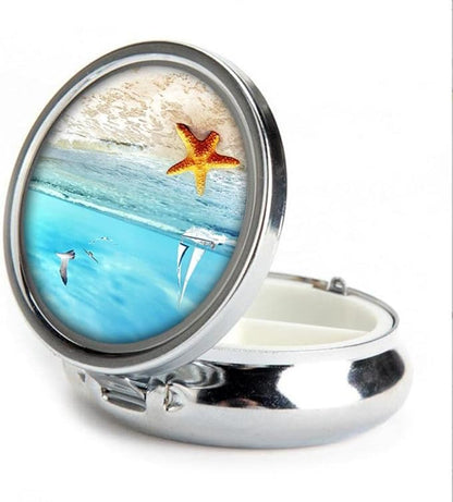 Pill Box,Beach Starfish Round Pill Box 3 Compartment Decorative Pocket Purse Portable Mini Travel Medicine Tablet Vitamin Holder Organizer Pill Case