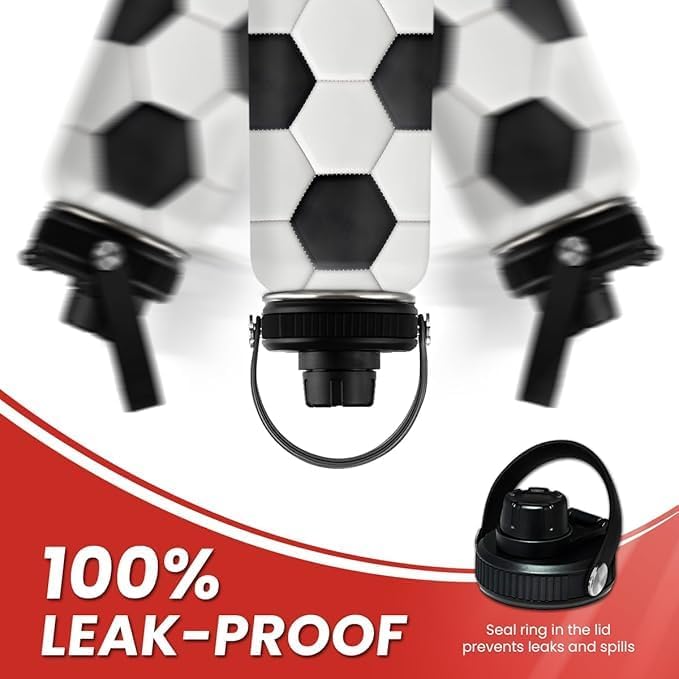 Soccer Water Bottle with Lid - 32oz Insulated Stainless Steel Sport Bottles - Gift for Men Soccer Player Fan Coach