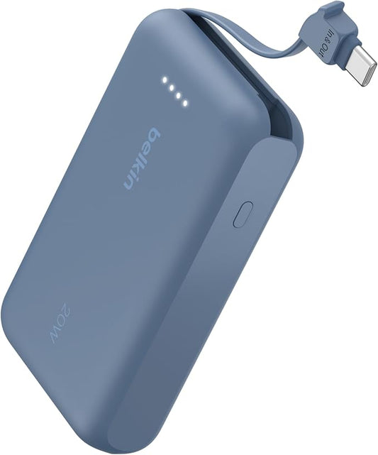 Belkin Portable Charger, Portable Power Bank with Integrated Cable 10000 mAh 20W - Fast Charge USB C Power Delivery - iPhone 17, Air, Pro, Pro Max, iPad, AirPods, Apple Watch, Galaxy S25, etc. - Blue