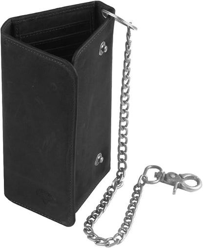 IBRO VINTAGE Motorcycle Chain Wallet for Men – Premium Cowhide Leather, RFID Tri-Fold Biker Wallet with Heavy Duty Chain for Bikers Truckers & Hunters, Credit Card Money Organizer Long Wallet