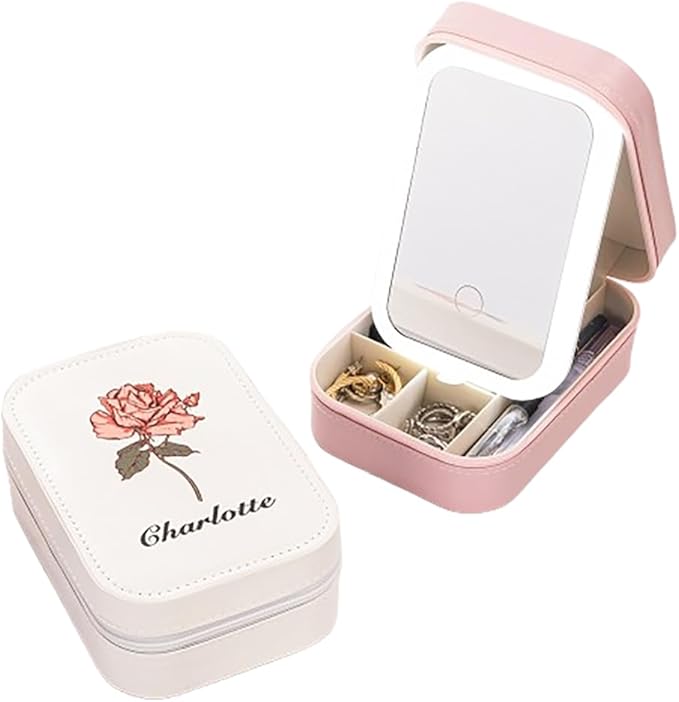 callie Personalized Travel Jewelry Case-Mirror & LED 3 Adjustable Light, Custom Birth Flower Makeup Jewlery Box with Name, Wedding Birthday Gift for Women