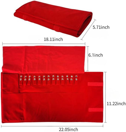 Premium Jewelry Roll Organizer for 16 Necklaces 55cm x 29cm Metal Snap & Velcro Closure - Ideal for Travel and Storage (Red)