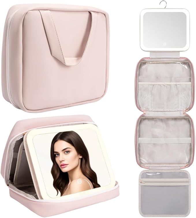 Glint&Glide Travel Makeup Bag with LED Lighted Detachable Mirror, Tri-light Dimmable - Hanging Multi-Compartment Organizer for Women, Portable Cosmetic Case with Four Divided Storage, Pink
