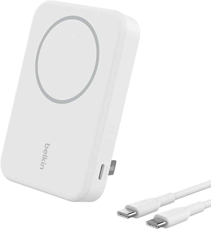 Belkin Portable Charger, Wireless Power Bank 15W 8000 mAh w/ Qi2 - MagSafe Charger w/Built-in Pop-up Kickstand - iPhone 17, Air, Pro, Pro Max, AirPods, Apple Watch, Google Pixel 10, etc. - White