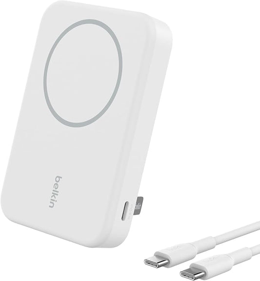 Belkin Portable Charger, Wireless Power Bank 15W 8000 mAh w/ Qi2 - MagSafe Charger w/Built-in Pop-up Kickstand - iPhone 17, Air, Pro, Pro Max, AirPods, Apple Watch, Google Pixel 10, etc. - White