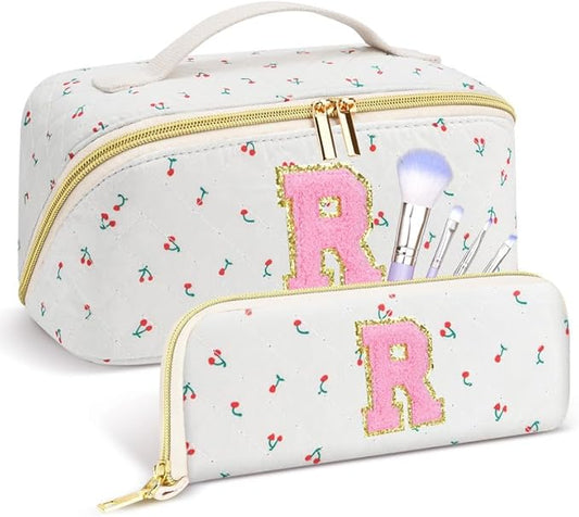Personalized Travel Makeup Bag Set,Initial Travel Cute Cherry Makeup Organizer Bag,Toiletry Skincare Cosmetic Bag,Christmas Gifts for Women/Girls,Open Flat Toiletry Pouch with Brush Pocket-R