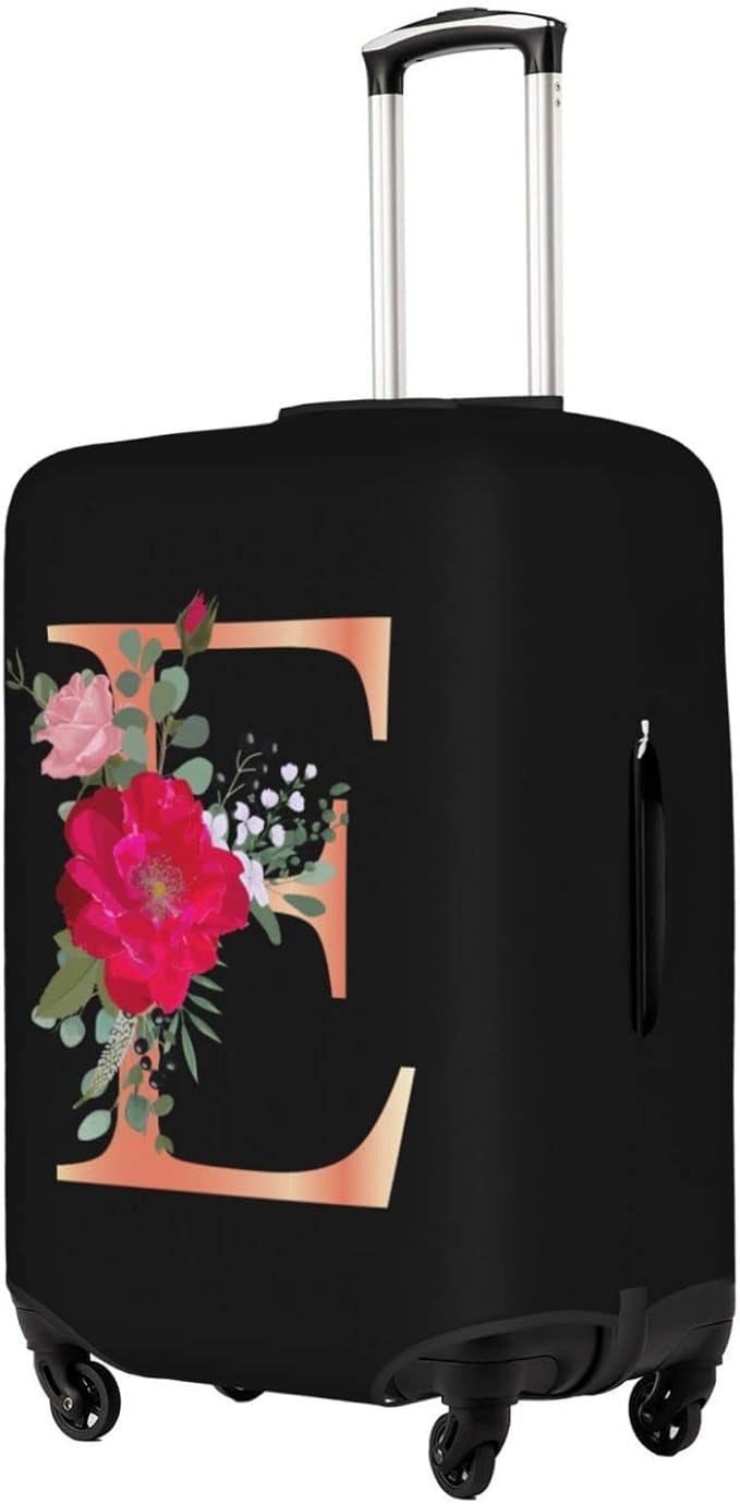 Floral Letter E Travel Luggage Cover Spandex Suitcase Protector Elastic Washable Stretch Suitcase Cover,Size L(Fit 25-28inch Suitcase)