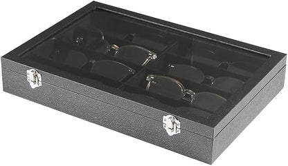 Coward Sunglass Organizer Tray Box, Black Velvet Grids Eyeglasses Display Tray Case with Transparent Glass Lid for Home Use or Store Shop Selling Show