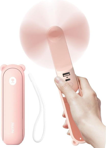 JISULIFE Handheld Fan with 4500 mAh Powerbank Max 37 Hours Runtime, Pocket Portable Battery Operated or USB Powered Folding Personal Fan, 3 Speeds, Gifts for Women Men Kids Gift for Festival-Pink
