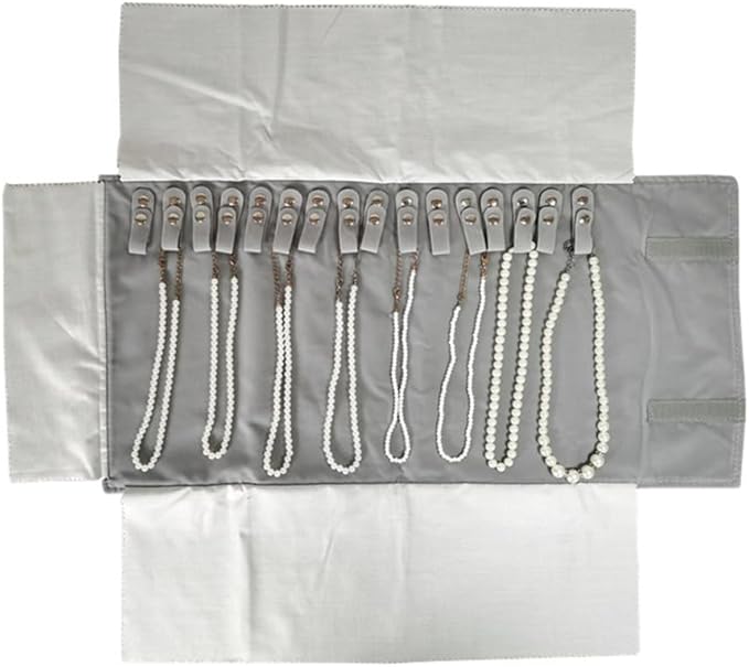 Premium Jewelry Roll Organizer for 16 Necklaces 55cm x 29cm Metal Snap & Velcro Closure - Ideal for Travel and Storage (Grey)