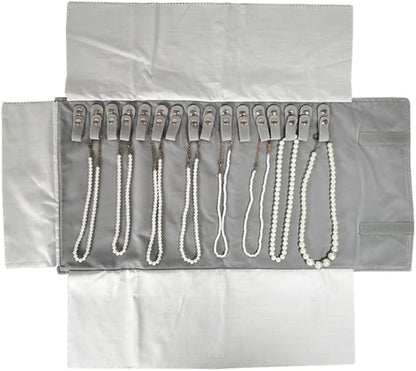 Premium Jewelry Roll Organizer for 16 Necklaces 55cm x 29cm Metal Snap & Velcro Closure - Ideal for Travel and Storage (Grey)