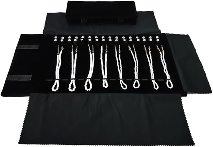 Velet Travel Jewelry Case Roll Bag Organizer for Necklace Bracelet Black Gray Velvet (Black with elastic)