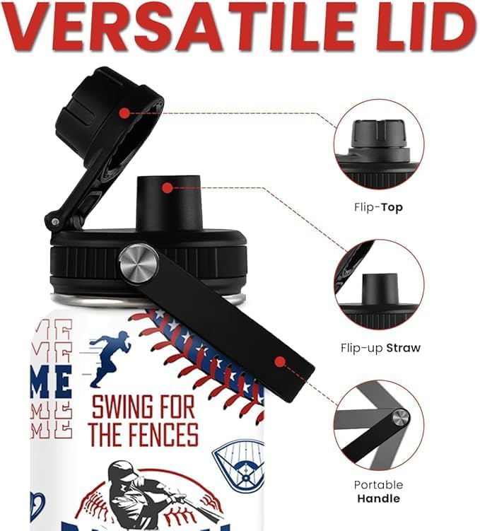 Baseball Water Bottle - 32oz Stainless Steel Insulated Sport Bottles with Lid - Gift for Men Baseball Lover Player Fan Coach